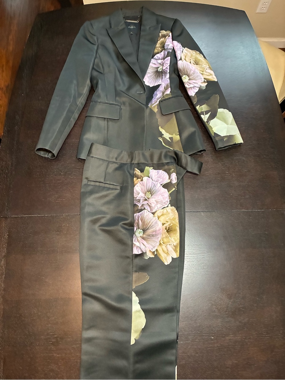 Ted Baker Black Blazer and Trouser Set with Pink and Cream Floral Panels